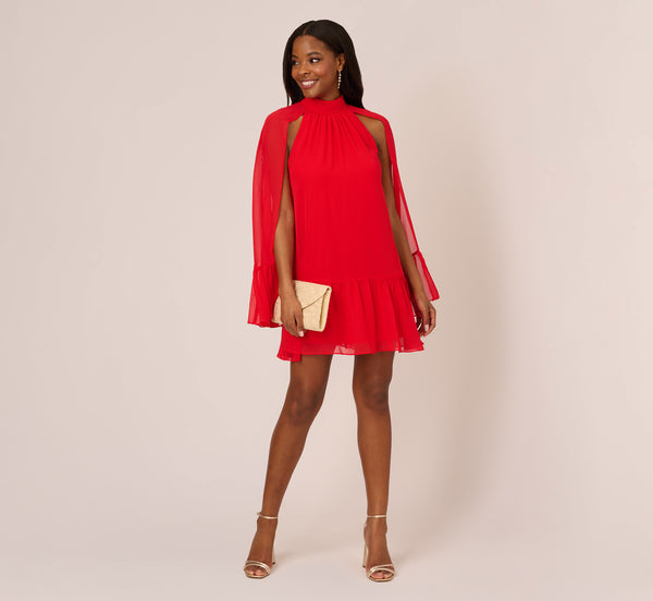 Adrianna Papell Chiffon Cape Sheath Dress With Ruffle Details In Red Crush 2026 Online